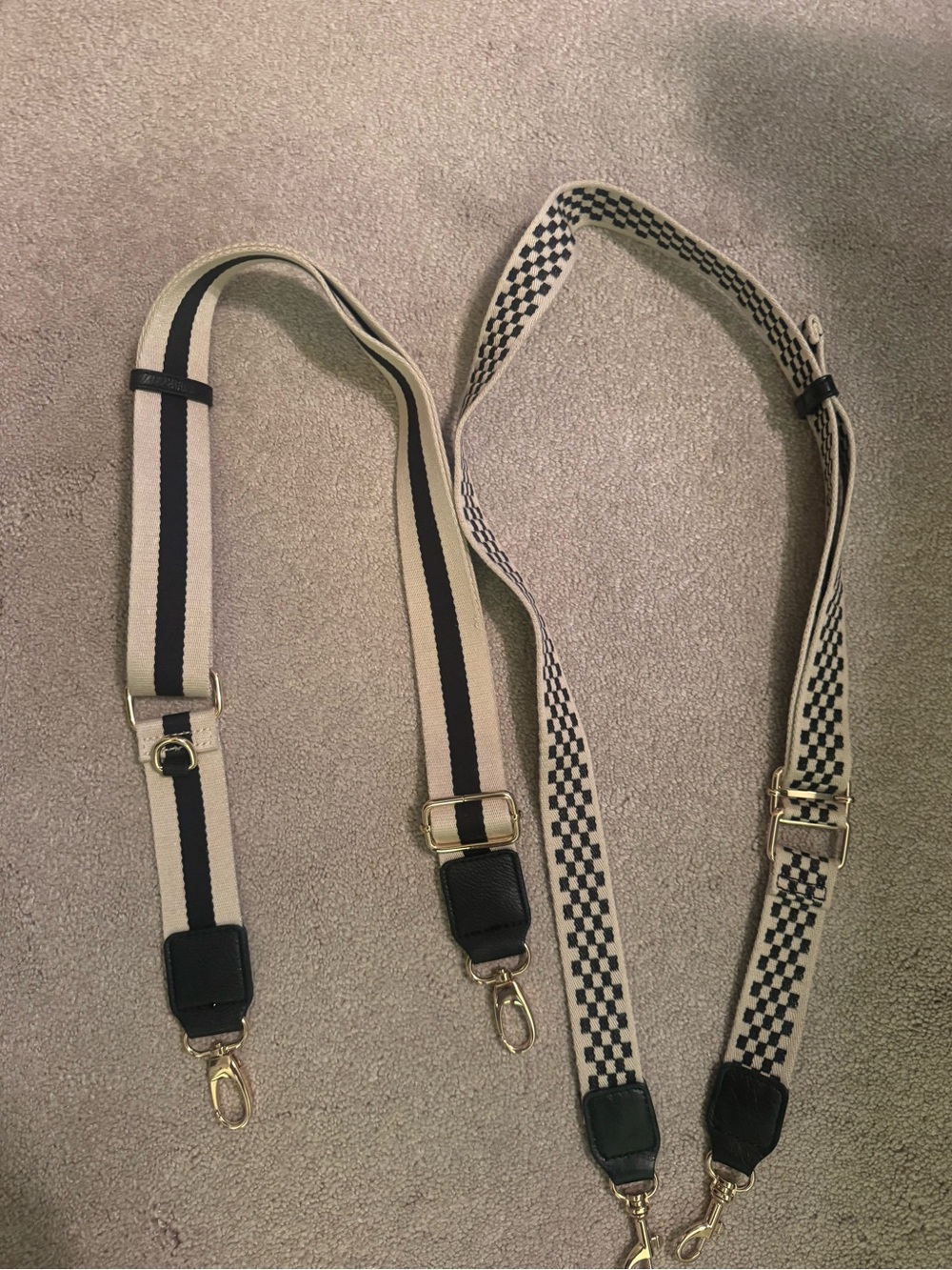Adjustable Beige and Black Stripe/Check Bag Straps - Set of 2